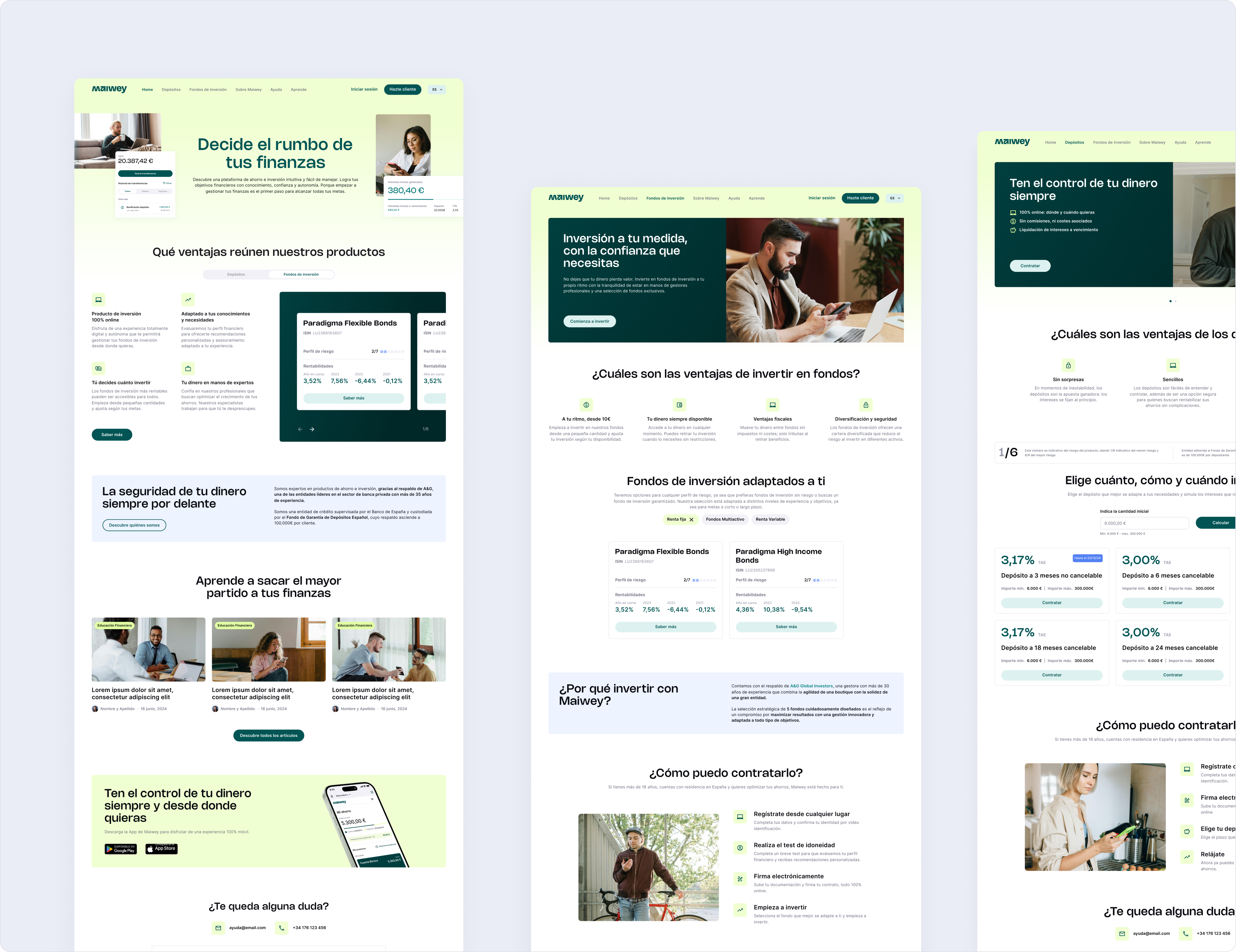 Maiwey public marketing website - three-page spread showing landing page with savings simulator, product explainers, and investment fund comparison